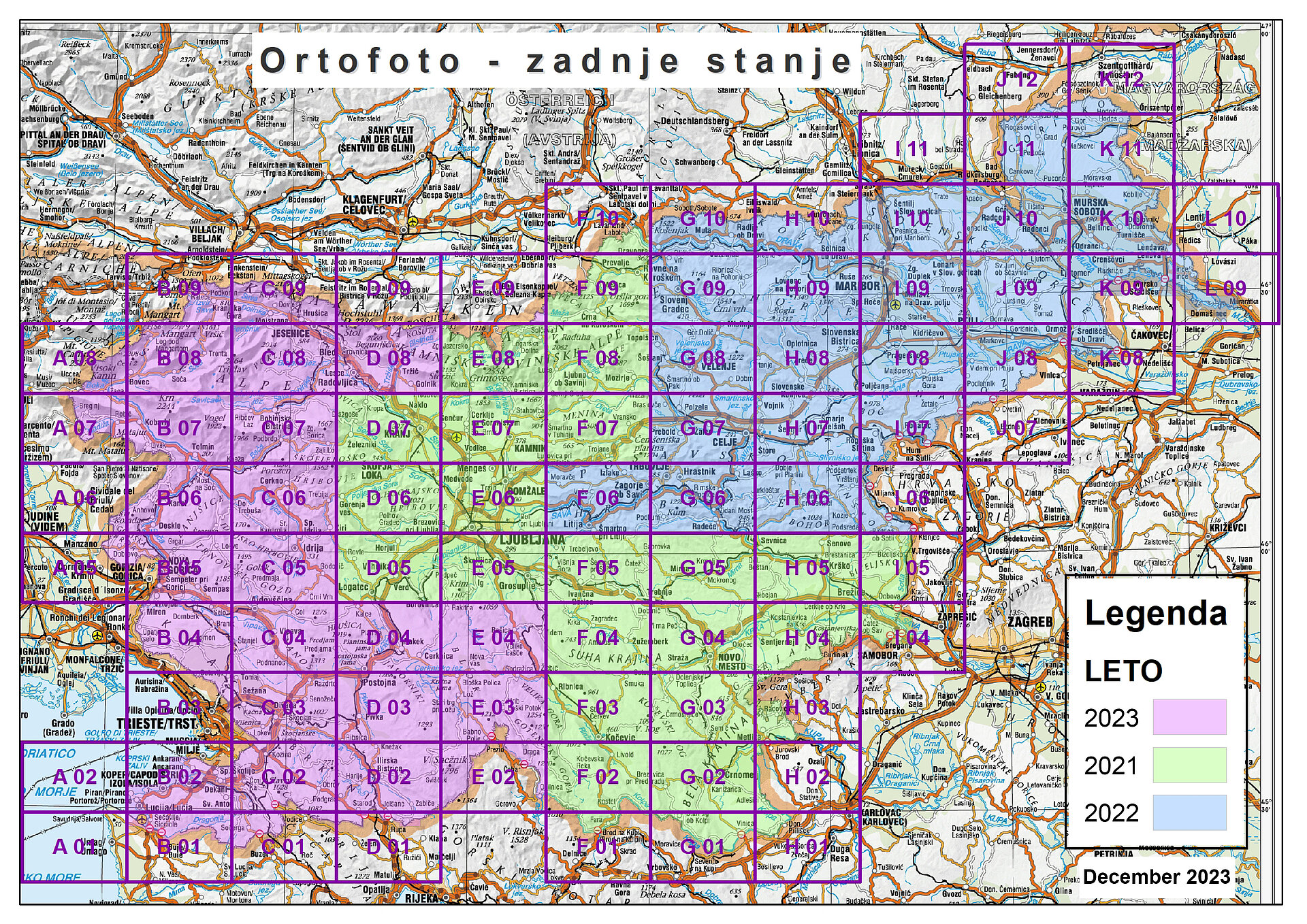 Na karti Slovenije prikaz izdelanih ortofotov po letih snemanja