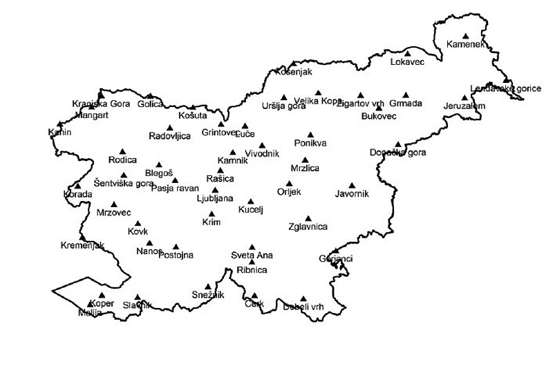 Prikaz točk, ki so bile vključene v izmere EUREF-GPS, na zemljevidu Slovenije