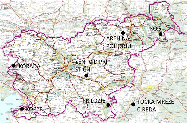Državna kombinirana geodetska mreža oz. mreža 0. reda na zemljevidu Slovenije