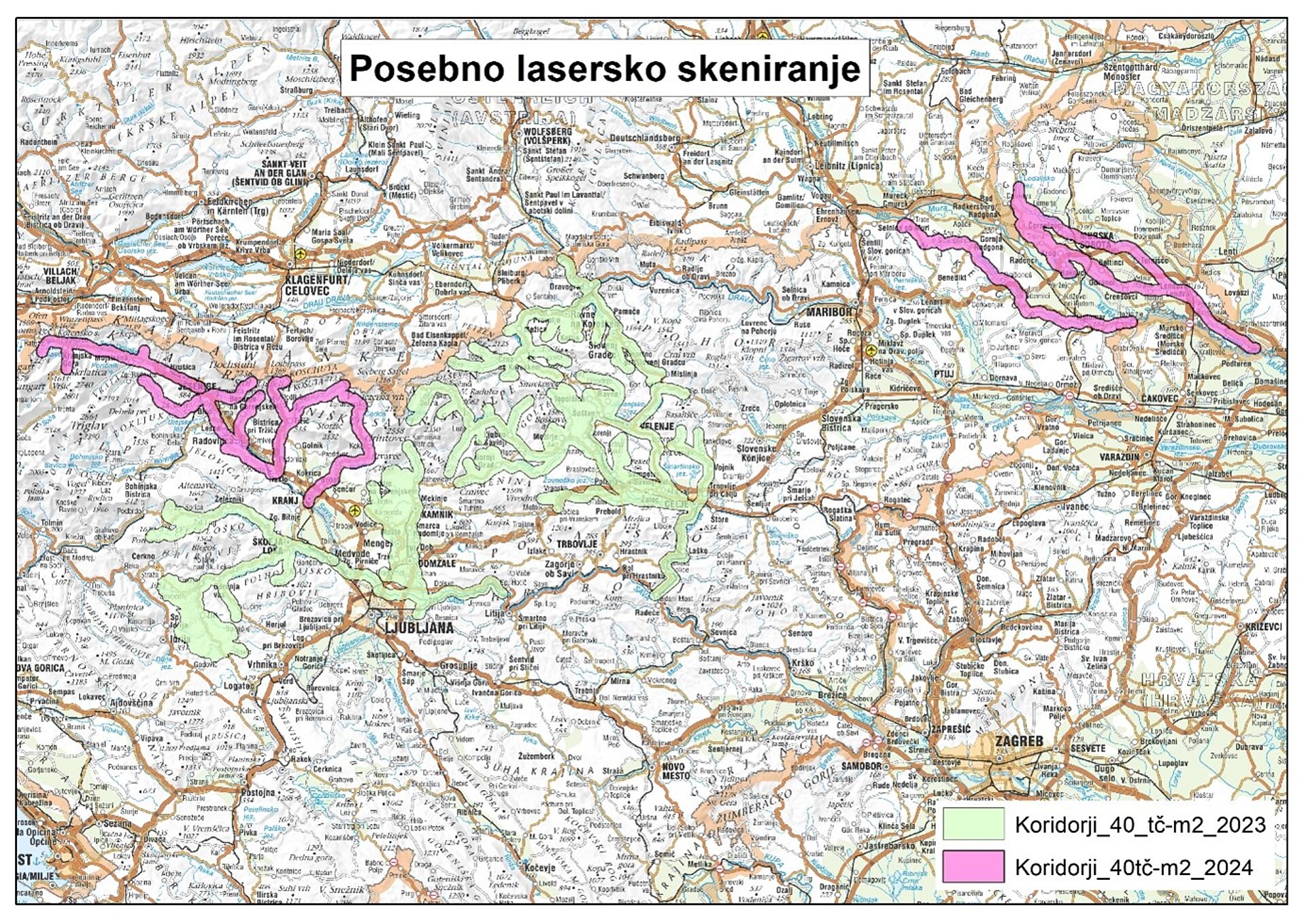 Na zemljevidu Slovenije prikazan prostorski obseg posebnih laserskih skeniranj