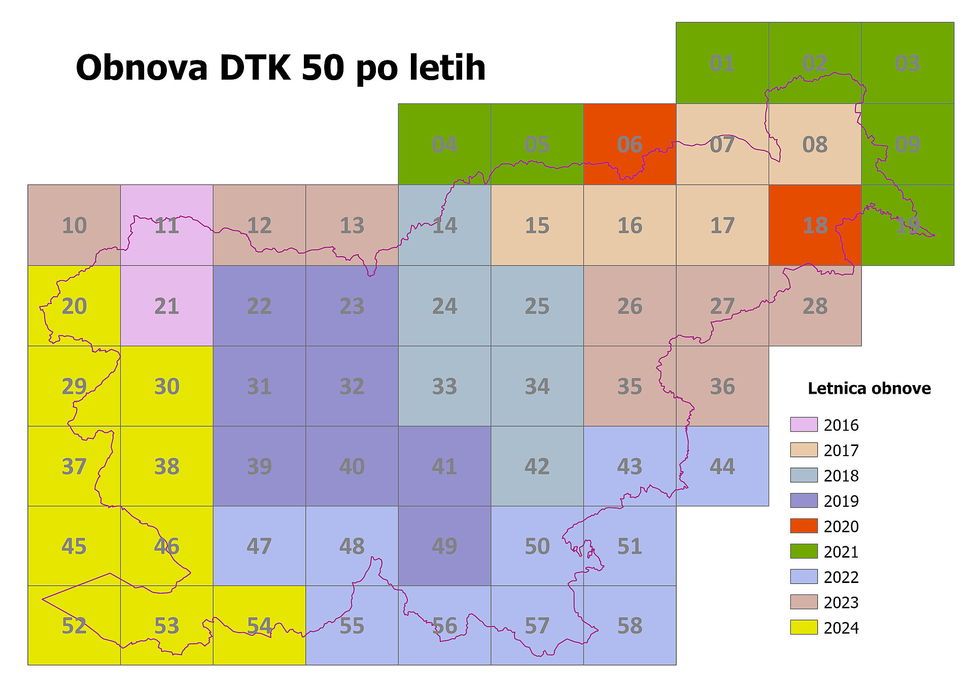 Slika listov DTK 50 z letnico izdelave/obnove posameznega lista