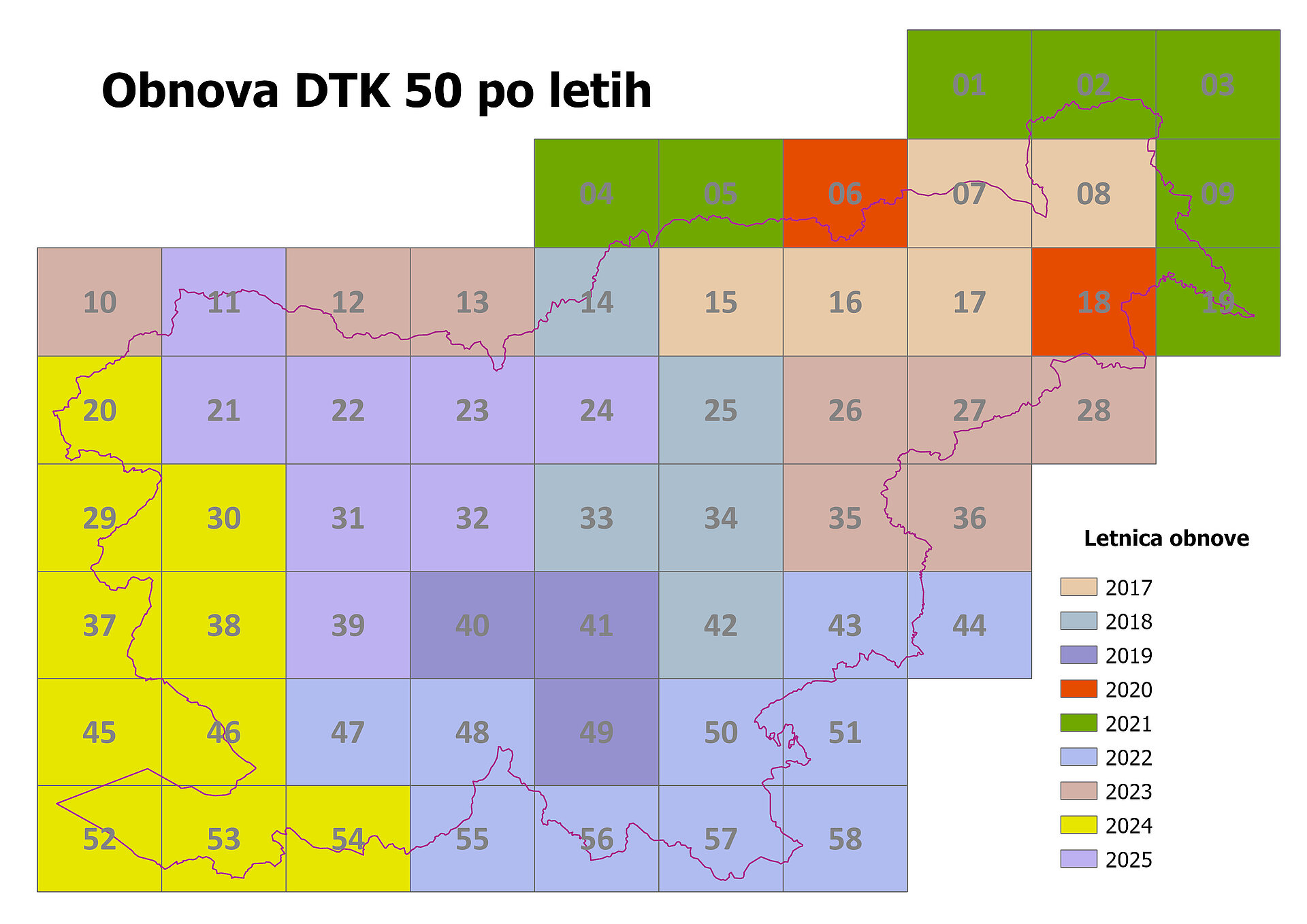 Slika listov DTK 50 z letnico izdelave/obnove posameznega lista