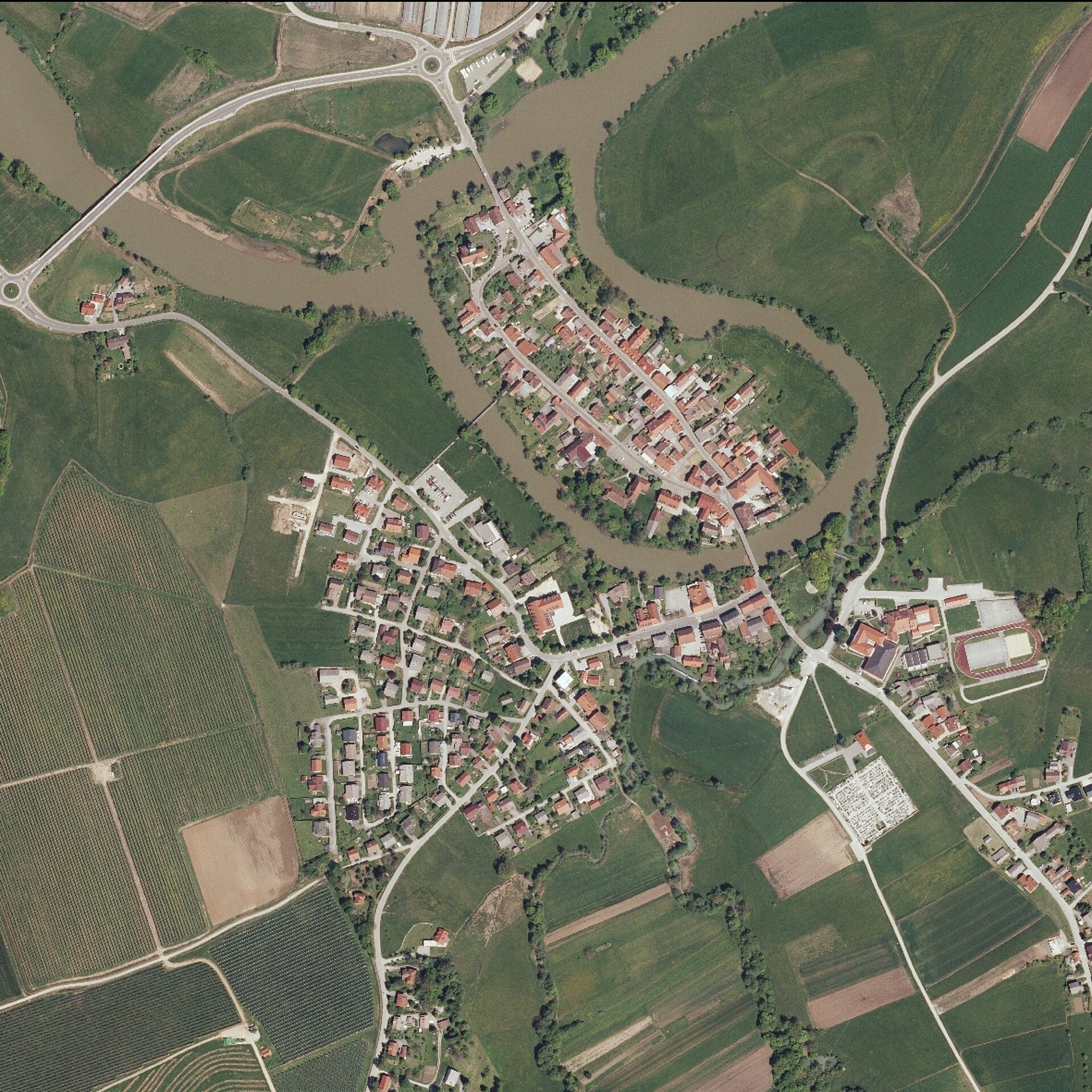 Barvni ortofoto, ki prikazuje Kostanjevico na Krki