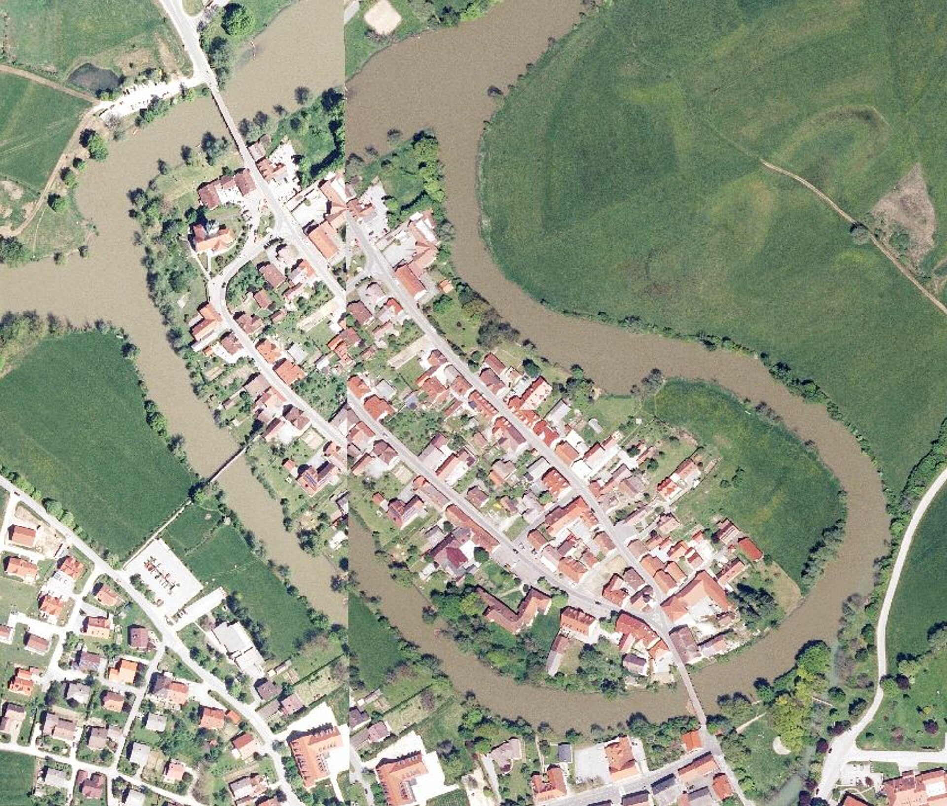 Sosednji aerofotografiji, ki prikazujeta Kostanjevico na Krki